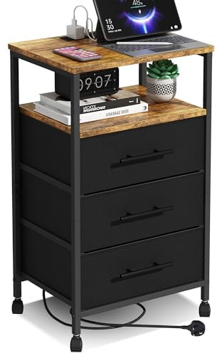 MYGIIVOVO Bedside Table with Charging Station, Nightstand with 2 Outlets and 2 USB Ports,Sofa Table with 4 Castors Metal Frame and Fabric Drawers, for Bedroom Living Room (3 Drawers, Black)