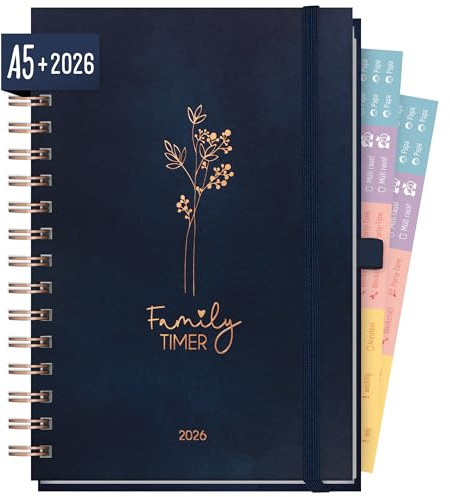 Häfft® Family-Timer Deluxe 2026 A5+ Cute Flower Hardcover Familien-Kalender für 4 Personen, Familien-Planer 12 Monate: Jan bis Dez 26 - nachhaltig & klimafreundlich