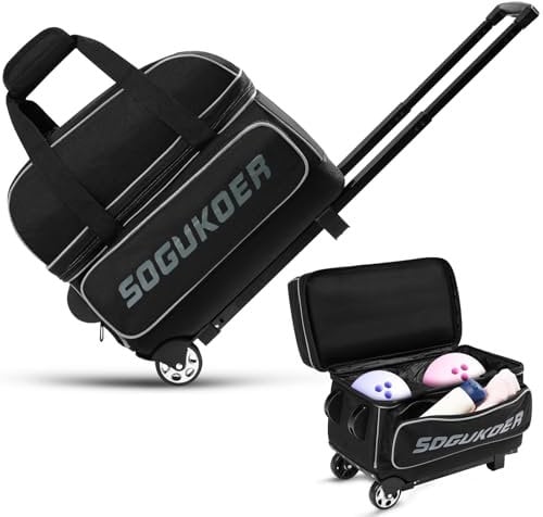 SOGUKOER 2 Bowling ball Bag with Wheels, Lightweight Trolley Double Ball Bowling bag with Large Separate Shoe Compartment and Oversized Accessory Pocket, Retractable Handle Extends To 39.5