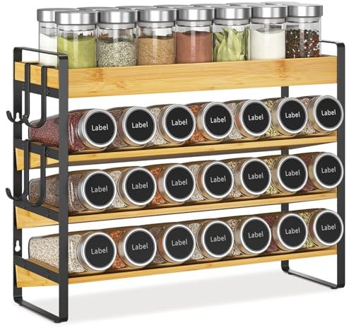 EsLuker.ly Spice Seasoning Rack Organizer Kitchen Countertop, 4 Tier Bamboo Spice Shelf Holder Storage with 4 Hooks, Wall Mounted Freestanding Stand for Pantry, Quick Spice Access(Jars Not Included)