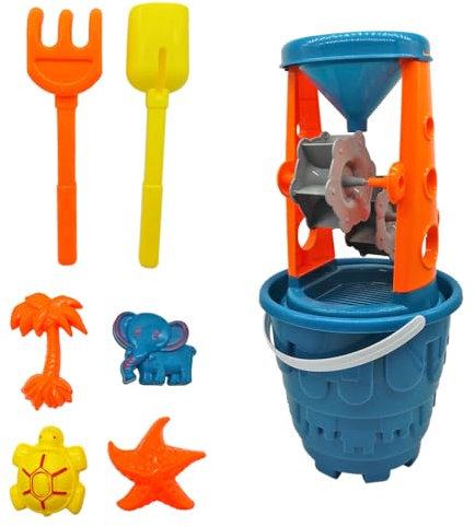 Acan Tradineur - Cubo de Playa con Molinillo, Pala, rastrillo y moldes, Juguete de plástico para niños, Jugar en la Arena, Playa, Parque, 8 Piezas