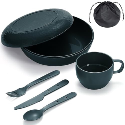 Berglander Kit de Repas de Camping avec Bol, Assiette, Tasse, Couverts et Sac de Transport, Accessoires de Camping en Plastique, Légers et Faciles à Transporter