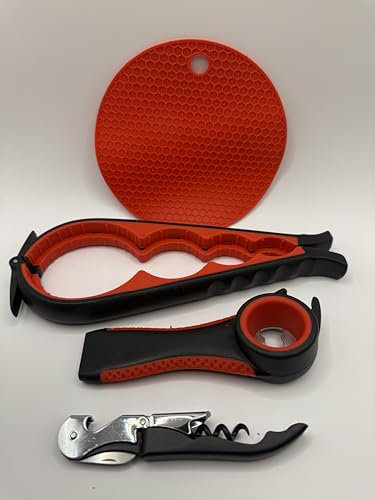 Jar Opener, Bottle Opener, Corkscrew and Silicone mat (reb and Black)