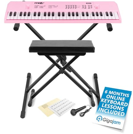 MAX KD54P pink portable music keyboard bundle with bench, folding stand, and removable note stickers for beginners, 54 keys, rechargeable battery, USB-C, complete kit for children or learners