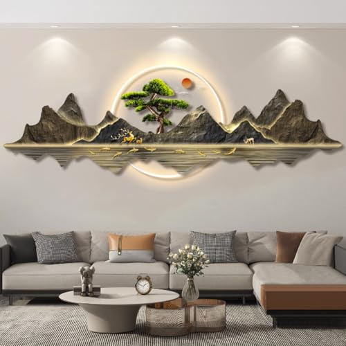 YVYKFZD 3D Wanddeko, LED Wandkunst, Chinesische Landschafts Wanddekoration, Steckdosen 3D-Wandskulptur, Wandskulpturen for Wohnzimmer, Eingangsbereich, Flur(Style d,120x40cm/47.2x15.7)