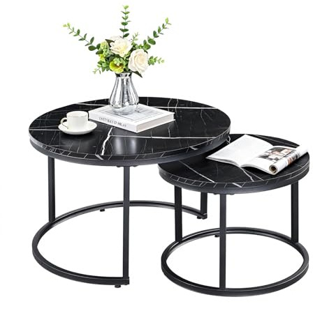 JoyyeSpace Couchtisch 2er Set, Moderne Couch Tisch mit Schwarz Metallgestell, Couchtisch Eiche, Couchtische Rund Schwarz, Living Room Table, Kaffeetisch, Wohnzimmertisch Holz 70 & 50 cm