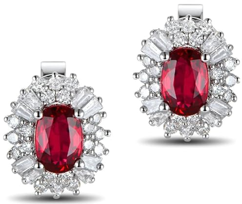 Epinki 14 Karat Weißgold 585 Ohrringe Echter Schmuck, Klassiker Ohrstecker Damen Vintage mit Labor Erstellt Rubin Ovalschliff Rot, 14K Gold Damen Ohrstecker Moissanit