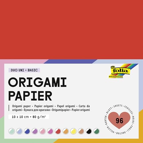 folia 9110 - Origami Papier DUO UNI BASIC, 10 x 10 cm, 80 g/m², 96 Blatt sortiert in 12 Farben, DIY Faltblätter zum Papierfalten und für andere kreative Bastelarbeiten