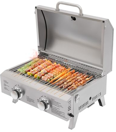 Barbecue a gas con 2 bruciatori, 55,8 x 45 x 38 cm, con regolatore del gas, raccordo, pietra per pizza, in acciaio inox, per cortile, giardino, terrazza