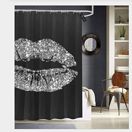 AdaCrazy Noir Gris Argent Paillettes Embrasser Maquillage Brillant Maquillage Rideau de Douche étincelant Impression 3D Salle de Bain en Polyester Enduit imperméable avec 12 Crochets 71 Pouces