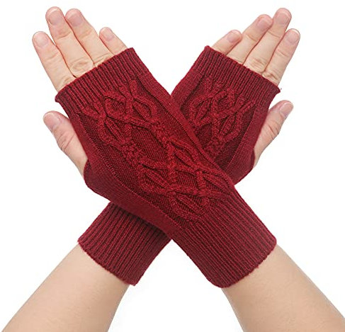 ZLYC Winter Wolle Halbfinger Handschuhe Stricken Fingerlose Armwärmer (Burgunderrot gehäkelt)