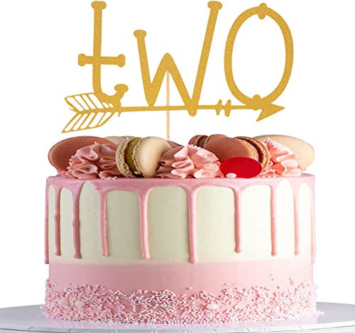TWO With Arrow Cake Topper - Gold Glitter 2nd Birthday Cake Topper, Baby Two Theme Birthday Party Supplies, Single-side Gold Glitter Two With Arrow Cake Decoration, 2 Anniversary Party Decoration