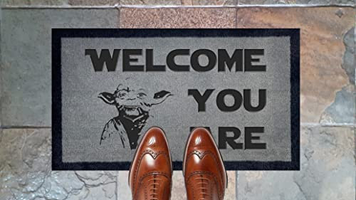 Artisan Kiss Grey Nylon Door Floor Mat Anti Slip Backing 70x40cm Gifts Presents Wedding Novelty (70 x 40 cm, Yoda Welcome You Are)