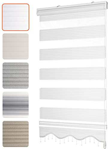 Bailena Doppelrollo ohne Bohren 4in1 Duo Rollo mit Perlen Klemmfix Fensterrollo zum Klemmen Gardine mit Volant Klemmrollo Alpinweiß 80 x 200 cm
