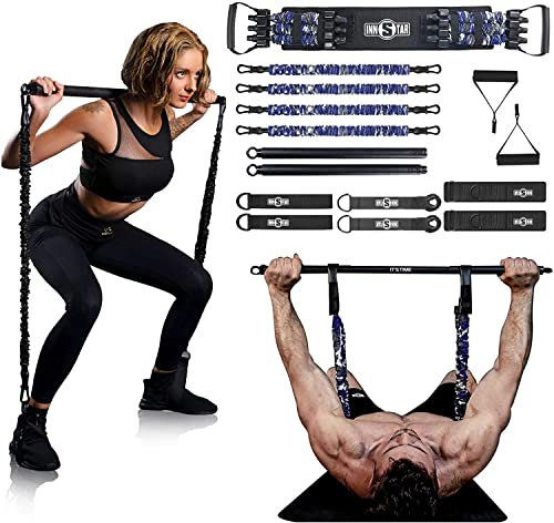 INNSTAR Portable Home Gym, Verstellbares Widerstandsband mit Stange und Kniebeugen-Bändern für Heimtraining, Bankdrücken Brusttrainer Resistance Band Set für Brust, Arm, Beintraining (Women|105LB)