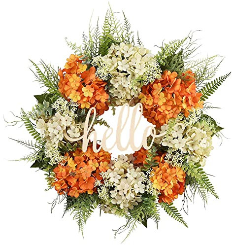 Fouriding Hortensien Kranz für Haustür,Künstliche Blumen 16Zoll Hallo Kranz Frühling Sommer Kranz für Fenster Dekoration Outdoor Haustür Home Decor (Orange weiß)