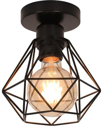DELIPOP Lámpara de techo Vintage, E27 Industrial Lampara Colgante Retro Diseño de Jaula de Hierro Negro, Iluminación de Techo de Interior para Pasillo Porche Cocina Dormitorio (Plafón)