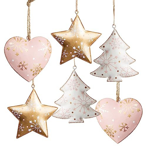 Logbuch-Verlag 6 Anhänger Weihnachten Gold weiß rosa 9 cm Weihnachtsbaum Hänger Herz Baum Stern aus Metall