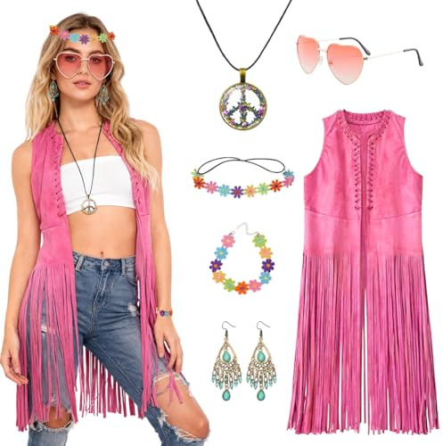 Aurasky Hippie Kostüm Damen, Hippie Fransenweste Brille Peace Halskette Haarband Armband Ohrringe, 70er Jahre Bekleidung Damen, Cowgirl Kostüm für Mottoparty Fasching Karneval