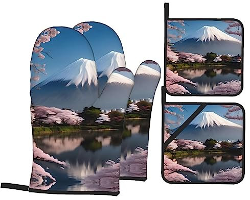 Trukd Mt. Fuji in Early Spring Ofenhandschuhe, 2 Handschuhe und 2 Topflappen, Küche, Mikrowelle, Grill, hitzebeständig