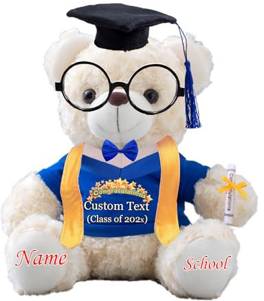 JABECODIFA Graduation Teddy Bear 2024 with Graduation Stole and Glasses, Personalised Graduation Gifts for Him & Her with Text, Bear with Bow as College Graduation Gift for Girls/Boy (8-IN-Text)