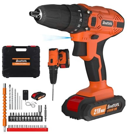 21V Combi Drill Set with 29PCS Accessories, 0-400/0-1400rpm 2 Variable Speed Cordless Screwdriver Max 45N.M Torque Portable Small Drill, 1500mAh Rechargeable Battery, Charger, Orange
