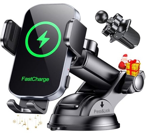 Glangeh Cargador Inalambrico Coche, Soporte Movil Coche Salpicadero con Sujeción Automática, Soporte Coche Movil de 15W para Ventilación de Parabrisas y Salpicadero, Compatible con iPhone etc 4.7-6.9