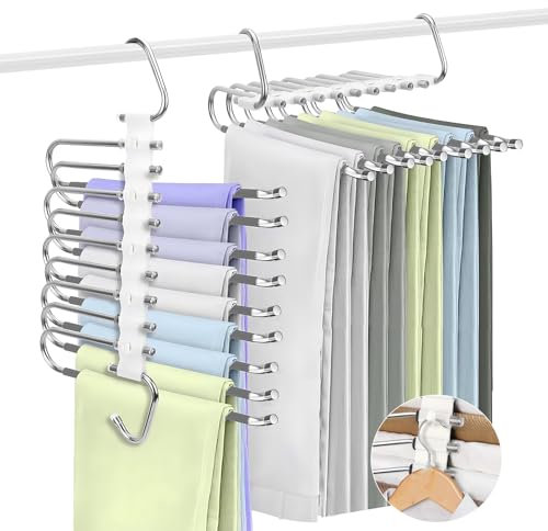 ZPQAODI Hosenbügel Kleiderbügel Platzsparend, 2 Stück 9 In 1 Edelstahl Faltbare Hosenkleiderbügel, rutschfest Mehrfach Bügel Hosenkleiderbuegel für Hosen, Kleidung (weiß grau)