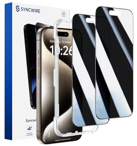 SYNCWIRE Panzer Sichtschutz Glas für iPhone 15 Pro 6.1'' [2-Pack], Full Screen 28° Anti-Spionage Displayschutz, 9H Schutzfolie mit Schwarzem Rand [Einfache Installation] [Empfindlicher Touch]