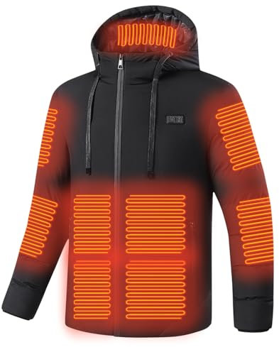 Heated Jacket for Men Women with 15 Heating Areas Heated Coat with Hood Heated Body Warmer Unisex Waterproof Windproof USB Rechargeable Electric Heated Outerwear for Outdoor Activities Skiing