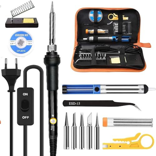 Lötkolben Set 14-in-1 mit Einstellbarer Temperatur 200-450 °C, EIN/AUS-Schalter, 60W/220V Lötset mit 5 Lötspitzen, Entlötpumpe, Lötzinn, Lötstation, Pinzette,Tragekoffer und mehr