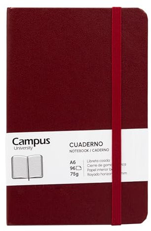 Campus Bullet Journal Notizbuch, A6, horizontal, liniert, 7 mm, gebundenes Notizbuch mit festem Einband, 96 Blatt à 75 g, elastischer Verschluss, Tasche und Lesezeichen, A6, Querformat, Kastanienbraun