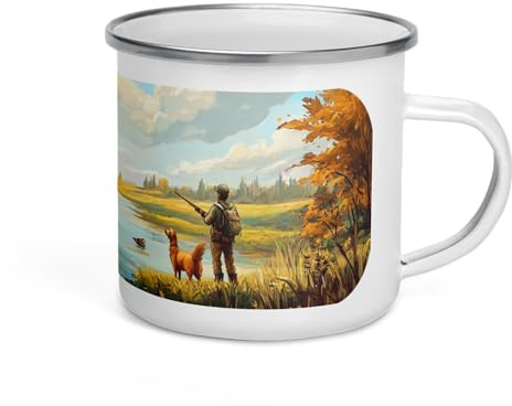 Chatcripant Mug Chasseur Émaillé – Tasse Chasse Canard avec Chien – Cadeau Chasseur Original – Gobelet Métal Vintage