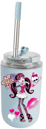 UBBY Monster Cooles - Termo de acero inoxidable para niña, 280 ml, a prueba de fugas, con pajita para el hogar, la oficina y el exterior (impresión de labios azules)