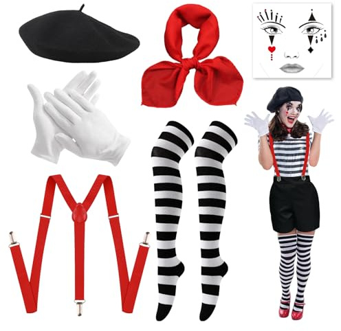 Snyvpra Zirkus Kostüm Damen, 6 Stück Clown Kostüm Damen Halloween Kostüm Damen Clown mit Baskenmütze Schal Handschuhe Tattoo Socken und Hosenträger, Karneval Kostüm für Fasching Cosplay Party