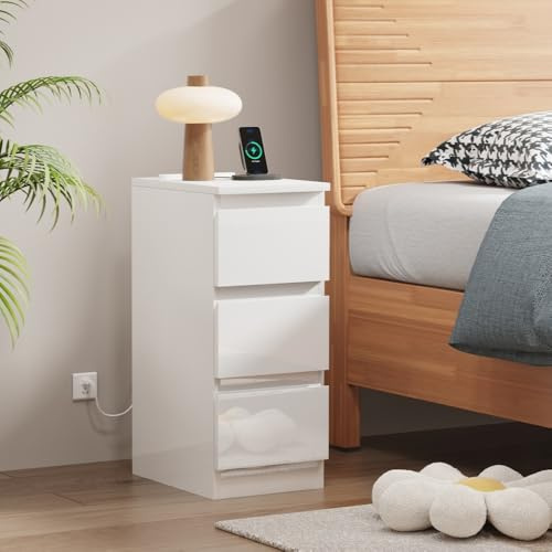 Pantanal Slim Bedside Table White with Charging Station, 25CM Small Narrow Side Table 3 Drawers Wood Nightstand Cabinet with 2 USB Ports & Power Sockets for Bedroom Living Room