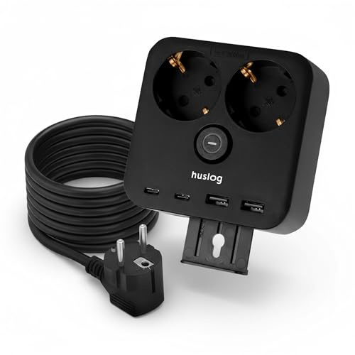 huslog Steckdosenwürfel mit 2 Schuko Steckdosen, 2 USB-A & 2 USB-C Ports, 3680W Mehrfachsteckdose mit Schalter, Handyhalter & Wandmontage, 1,4 m Kabel – Kompakter Stromverteiler für Büro & Zuhause