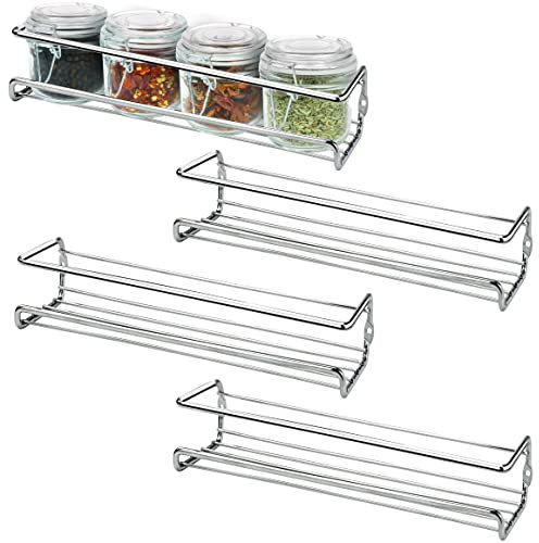 BELLE VOUS 4 Pack Chrome Wall Mount Spice Rack Organisers - Single Tier Spice & Herb Jar Holders for Kitchen Walls & Cupboard/Pantry/Cabinet Doors - Wall Mounted Seasoning Hanging Racks for Storage