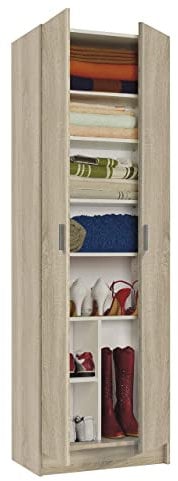 Mehrzweck-Kleiderschrank mit zwei Flügeltüren und fünf Einlegeböden, Eichenfarbe, 59 x 37 x H180 cm