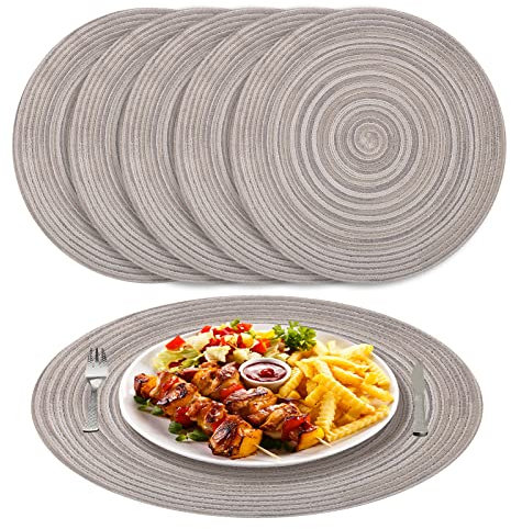 NAKIHOUSE Tischsets Abwaschbar Rund Geflochten Tischset 6er Set, 38cm Rund Platzsets Abwischbar, rutschfest, Hitzebeständig Schmutzabweisend Platzdeckchen für Hochzeit, Restaurant, Küche
