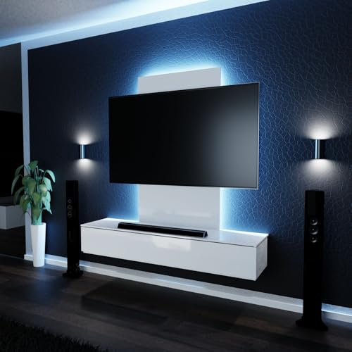 Tronitechnik® TV-Lowboard TV Möbel hängend mit LED-Beleuchtung Wohnschrank Wohnzimmer Schrankwand Wohnwand Mediawand Hochglanz weiß 160cm x 38,5cm