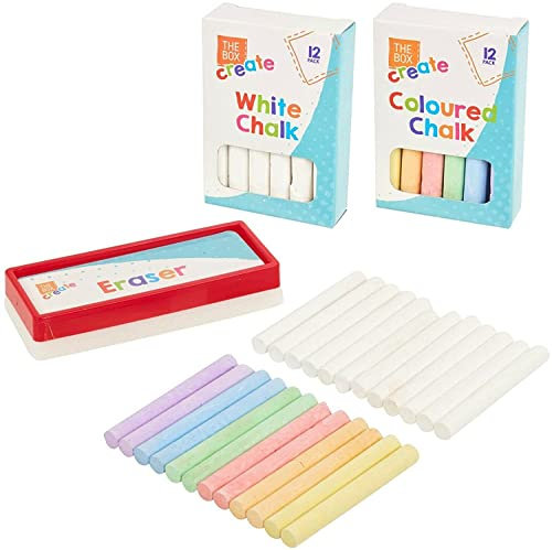 JKG® Lot de 25 craies et effaceur,Craie blanche et multicolore,Craie pour tableau noir et trottoirs et éponge,Pour l'école, la maison, le travail, les pub (12 craies blanches, 12 gommes multicolores)