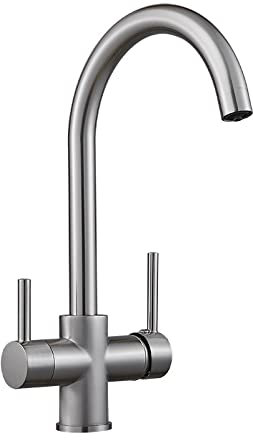 Küchenarmatur 3 Wege Wasserhahn Küche Armatur für Wasserfilter Gebürstet Trinkwasserhahn mit Doppelhebel 3 in 1 Mischbatterie Küche für Wasserfilter