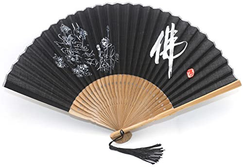 1SourceTek Handmade Bamboo Folding Fan, Handheld Folding Fan for Gifts, Party Favours, Home Decoration, Performance Props - Chinese Vintage Style (Buddhist)