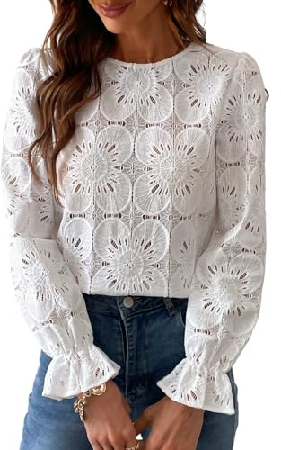 CUPSHE White Business Casual Tops for Women Eyelet Long Sleeve Shirts Dressy Hollow Out Crochet Lace Embroidered Blouses White S