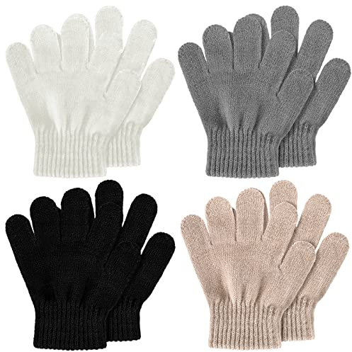 SATINIOR 4 Stück Kinder Winter Handschuhe Stretch Strickhandschuhe Kinder Warme Fäustlinge Baby Handschuhe für Jungen Mädchen bei Kaltem Wetter (Schwarz, Weiß, Khaki, Grau)