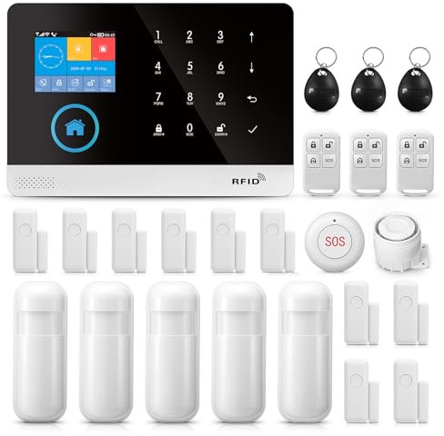 PGST Sicherheitsalarmanlage für Zuhause, WLAN-Hausalarmanlage mit App-Warnung und Anrufalarmen, 24-teiliges Set: Alarm-Hub mit 120 dB, Tür-/Fenstersensoren, PIR, Fernbedienungen