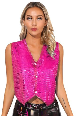 inlzdz Damen Pailletten Weste Anzugweste ärmellos Jacke V-Ausschnitt Glitzer Tank Top Slim Fit Oberteil Karneval Fasching Disco Nachtclub Hot Pink S