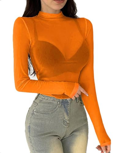 ADOME Mesh Top Mesh Shirt Sheer Long Sleeve Tops for Women, Orange, M