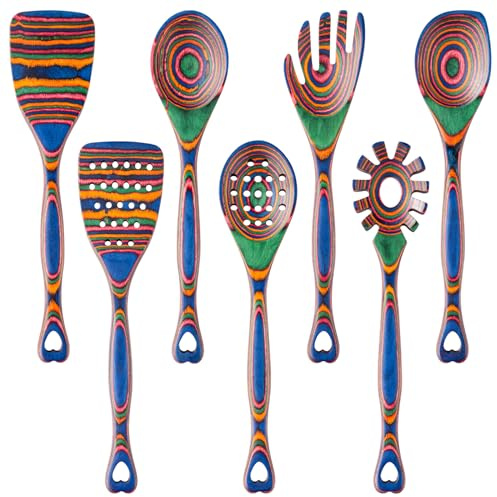 Gudamaye Pakkawood 7-Piece Blue Utensils, Heart Shape Cooking-Spoons, Non-Stick, BPA Free, Wood Kitchenware